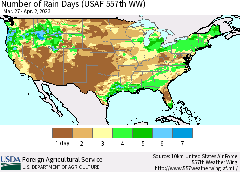 United States Number of Rain Days (USAF 557th WW) Thematic Map For 3/27/2023 - 4/2/2023