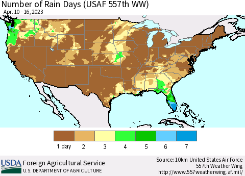 United States Number of Rain Days (USAF 557th WW) Thematic Map For 4/10/2023 - 4/16/2023