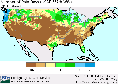 United States Number of Rain Days (USAF 557th WW) Thematic Map For 4/17/2023 - 4/23/2023