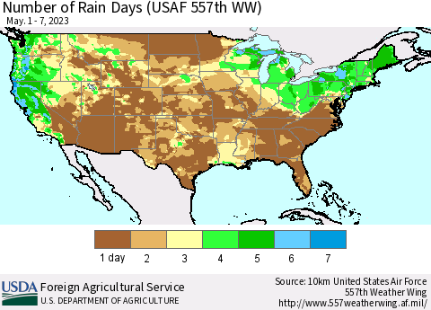 United States Number of Rain Days (USAF 557th WW) Thematic Map For 5/1/2023 - 5/7/2023