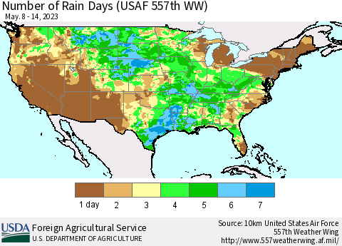 United States Number of Rain Days (USAF 557th WW) Thematic Map For 5/8/2023 - 5/14/2023