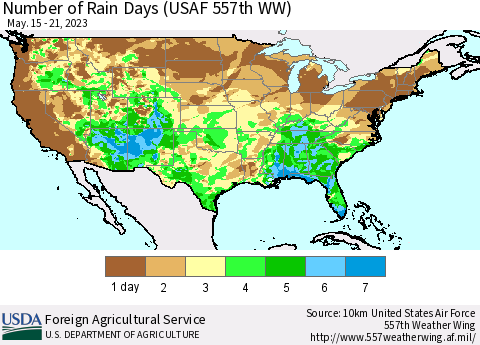 United States Number of Rain Days (USAF 557th WW) Thematic Map For 5/15/2023 - 5/21/2023