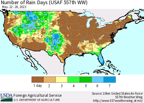 United States Number of Rain Days (USAF 557th WW) Thematic Map For 5/22/2023 - 5/28/2023
