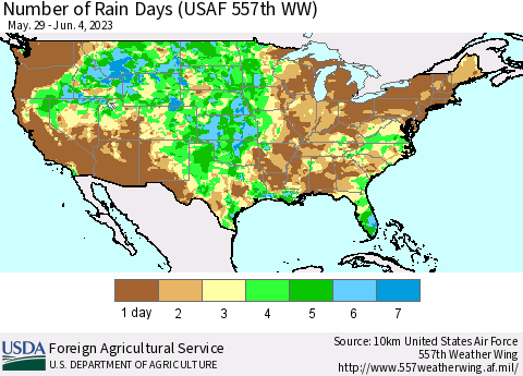 United States Number of Rain Days (USAF 557th WW) Thematic Map For 5/29/2023 - 6/4/2023