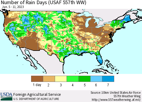 United States Number of Rain Days (USAF 557th WW) Thematic Map For 6/5/2023 - 6/11/2023