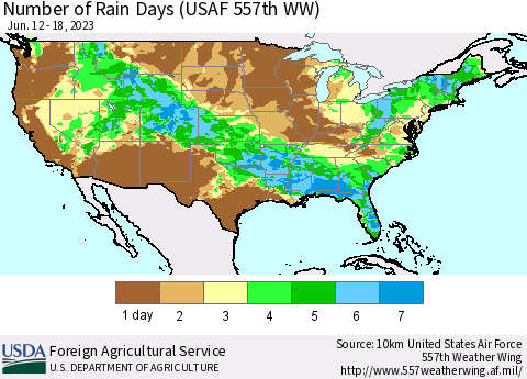 United States Number of Rain Days (USAF 557th WW) Thematic Map For 6/12/2023 - 6/18/2023