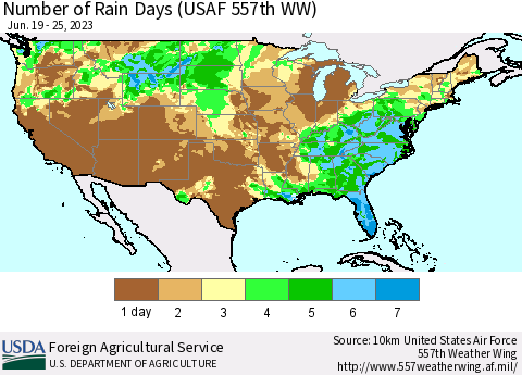 United States Number of Rain Days (USAF 557th WW) Thematic Map For 6/19/2023 - 6/25/2023