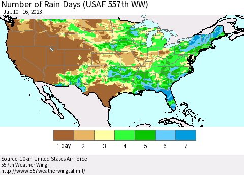 United States Number of Rain Days (USAF 557th WW) Thematic Map For 7/10/2023 - 7/16/2023