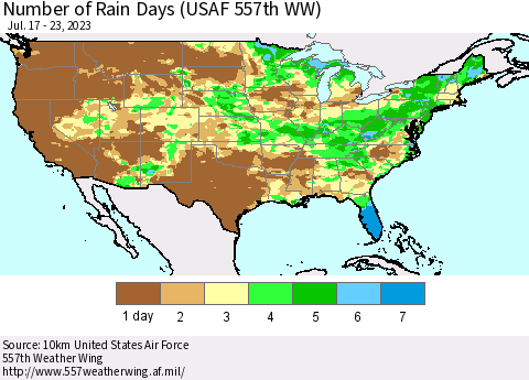 United States Number of Rain Days (USAF 557th WW) Thematic Map For 7/17/2023 - 7/23/2023