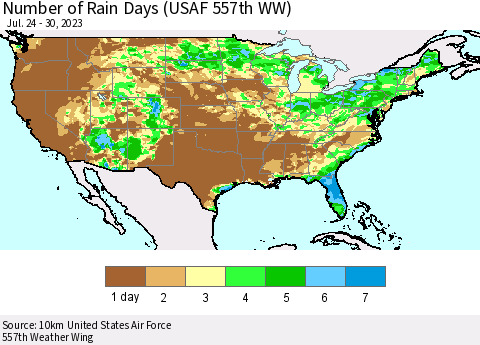 United States Number of Rain Days (USAF 557th WW) Thematic Map For 7/24/2023 - 7/30/2023