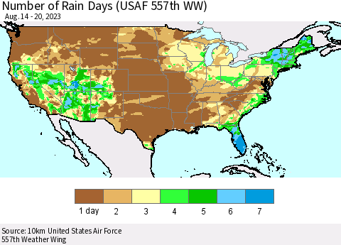 United States Number of Rain Days (USAF 557th WW) Thematic Map For 8/14/2023 - 8/20/2023