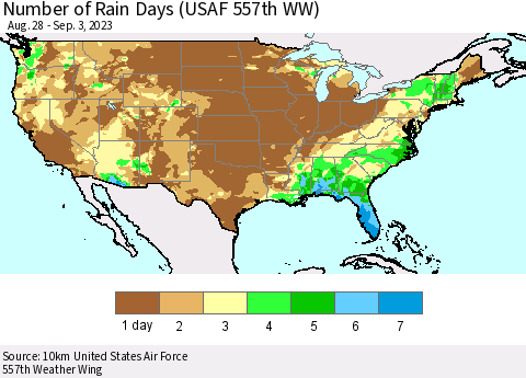 United States Number of Rain Days (USAF 557th WW) Thematic Map For 8/28/2023 - 9/3/2023