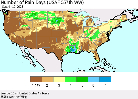 United States Number of Rain Days (USAF 557th WW) Thematic Map For 9/4/2023 - 9/10/2023