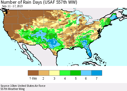 United States Number of Rain Days (USAF 557th WW) Thematic Map For 9/11/2023 - 9/17/2023