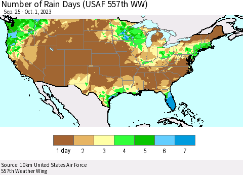 United States Number of Rain Days (USAF 557th WW) Thematic Map For 9/25/2023 - 10/1/2023