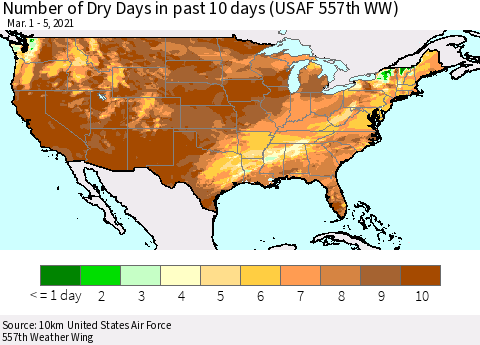 United States Number of Dry Days in past 10 days (USAF 557th WW) Thematic Map For 3/1/2021 - 3/5/2021