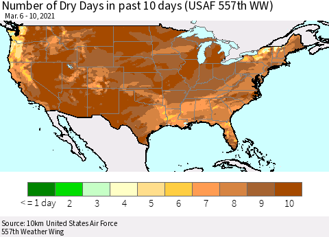 United States Number of Dry Days in past 10 days (USAF 557th WW) Thematic Map For 3/6/2021 - 3/10/2021
