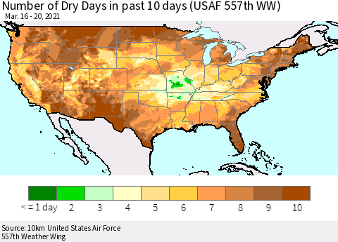 United States Number of Dry Days in past 10 days (USAF 557th WW) Thematic Map For 3/16/2021 - 3/20/2021