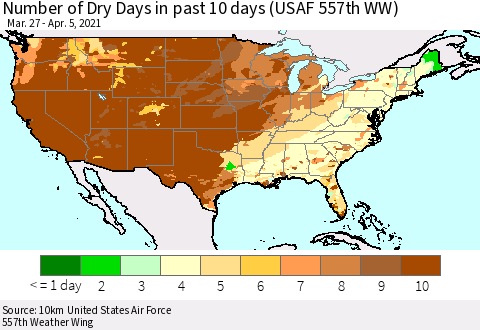 United States Number of Dry Days in past 10 days (USAF 557th WW) Thematic Map For 4/1/2021 - 4/5/2021