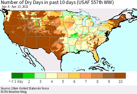 United States Number of Dry Days in past 10 days (USAF 557th WW) Thematic Map For 4/11/2021 - 4/15/2021