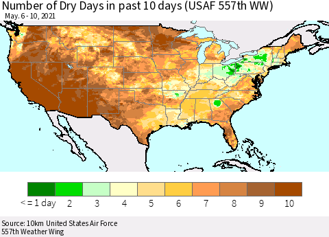 United States Number of Dry Days in past 10 days (USAF 557th WW) Thematic Map For 5/6/2021 - 5/10/2021