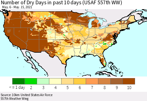United States Number of Dry Days in past 10 days (USAF 557th WW) Thematic Map For 5/11/2021 - 5/15/2021