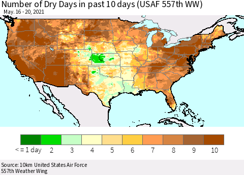 United States Number of Dry Days in past 10 days (USAF 557th WW) Thematic Map For 5/16/2021 - 5/20/2021