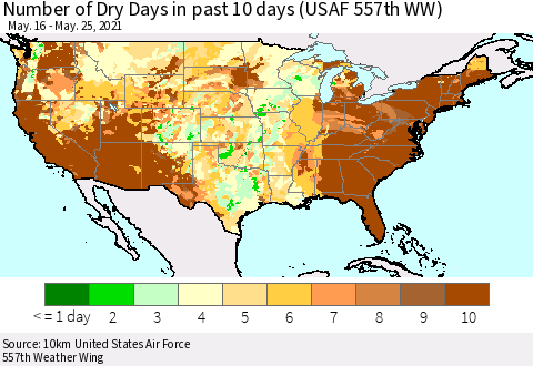 United States Number of Dry Days in past 10 days (USAF 557th WW) Thematic Map For 5/21/2021 - 5/25/2021