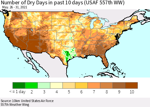 United States Number of Dry Days in past 10 days (USAF 557th WW) Thematic Map For 5/26/2021 - 5/31/2021