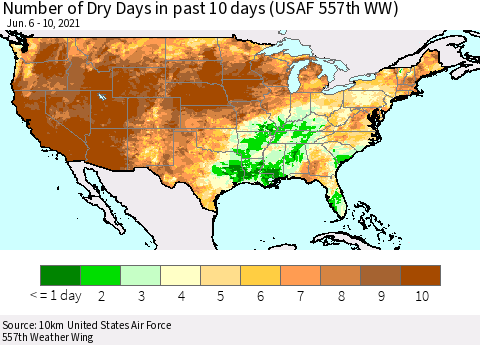 United States Number of Dry Days in past 10 days (USAF 557th WW) Thematic Map For 6/6/2021 - 6/10/2021