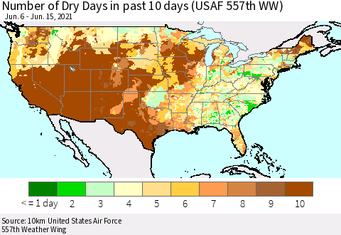 United States Number of Dry Days in past 10 days (USAF 557th WW) Thematic Map For 6/11/2021 - 6/15/2021