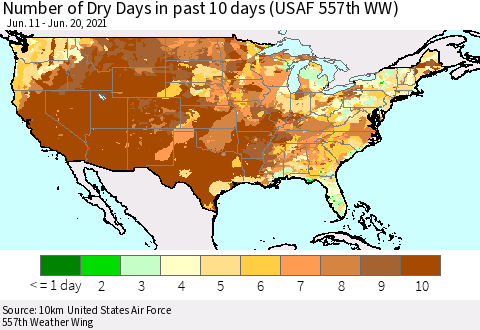 United States Number of Dry Days in past 10 days (USAF 557th WW) Thematic Map For 6/16/2021 - 6/20/2021