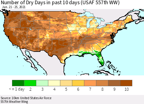 United States Number of Dry Days in past 10 days (USAF 557th WW) Thematic Map For 6/21/2021 - 6/25/2021