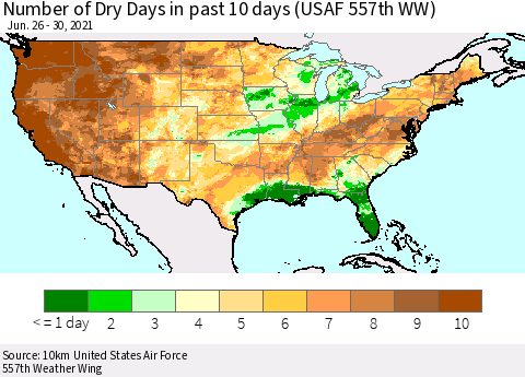 United States Number of Dry Days in past 10 days (USAF 557th WW) Thematic Map For 6/26/2021 - 6/30/2021