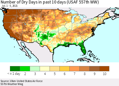 United States Number of Dry Days in past 10 days (USAF 557th WW) Thematic Map For 7/1/2021 - 7/5/2021