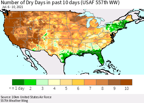 United States Number of Dry Days in past 10 days (USAF 557th WW) Thematic Map For 7/6/2021 - 7/10/2021