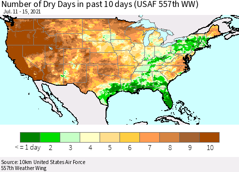 United States Number of Dry Days in past 10 days (USAF 557th WW) Thematic Map For 7/11/2021 - 7/15/2021