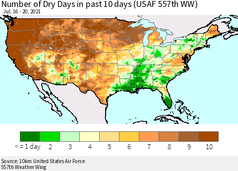 United States Number of Dry Days in past 10 days (USAF 557th WW) Thematic Map For 7/16/2021 - 7/20/2021