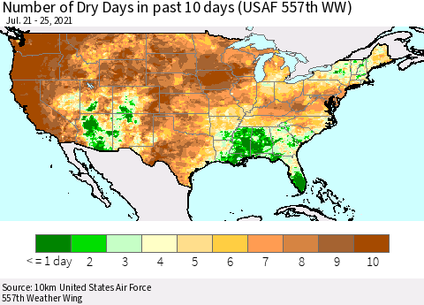 United States Number of Dry Days in past 10 days (USAF 557th WW) Thematic Map For 7/21/2021 - 7/25/2021