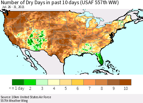 United States Number of Dry Days in past 10 days (USAF 557th WW) Thematic Map For 7/26/2021 - 7/31/2021