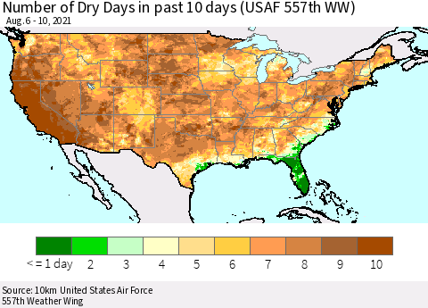 United States Number of Dry Days in past 10 days (USAF 557th WW) Thematic Map For 8/6/2021 - 8/10/2021