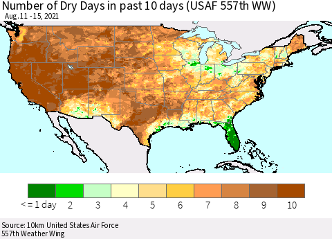 United States Number of Dry Days in past 10 days (USAF 557th WW) Thematic Map For 8/11/2021 - 8/15/2021