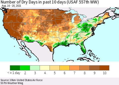 United States Number of Dry Days in past 10 days (USAF 557th WW) Thematic Map For 8/16/2021 - 8/20/2021