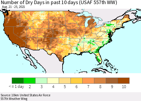 United States Number of Dry Days in past 10 days (USAF 557th WW) Thematic Map For 8/21/2021 - 8/25/2021