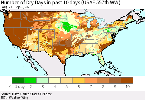 United States Number of Dry Days in past 10 days (USAF 557th WW) Thematic Map For 9/1/2021 - 9/5/2021