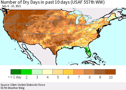 United States Number of Dry Days in past 10 days (USAF 557th WW) Thematic Map For 9/6/2021 - 9/10/2021