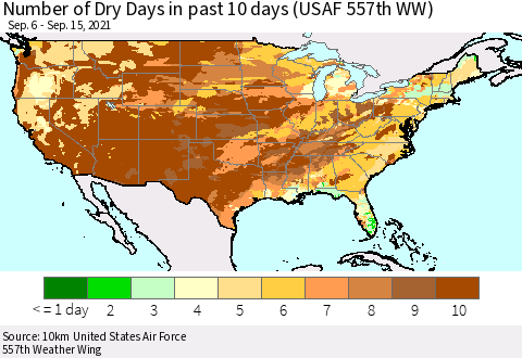 United States Number of Dry Days in past 10 days (USAF 557th WW) Thematic Map For 9/11/2021 - 9/15/2021