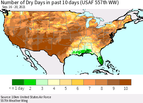 United States Number of Dry Days in past 10 days (USAF 557th WW) Thematic Map For 9/16/2021 - 9/20/2021