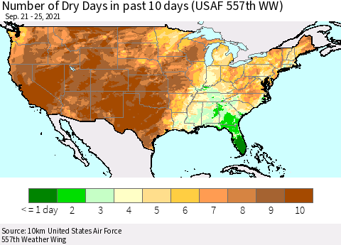 United States Number of Dry Days in past 10 days (USAF 557th WW) Thematic Map For 9/21/2021 - 9/25/2021