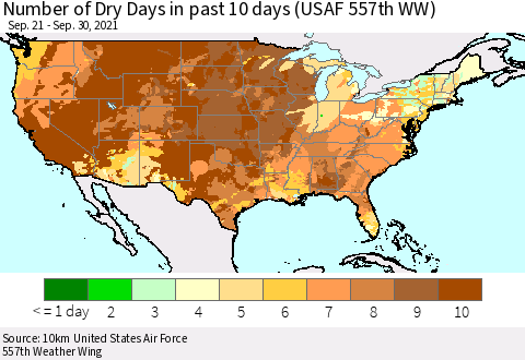 United States Number of Dry Days in past 10 days (USAF 557th WW) Thematic Map For 9/26/2021 - 9/30/2021